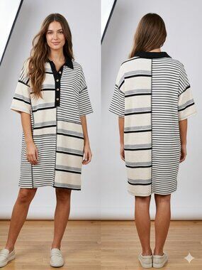 Fantastic Fawn Mixed Stripe Patchwork Polo Shirt Women’s Medium Oversized Boho